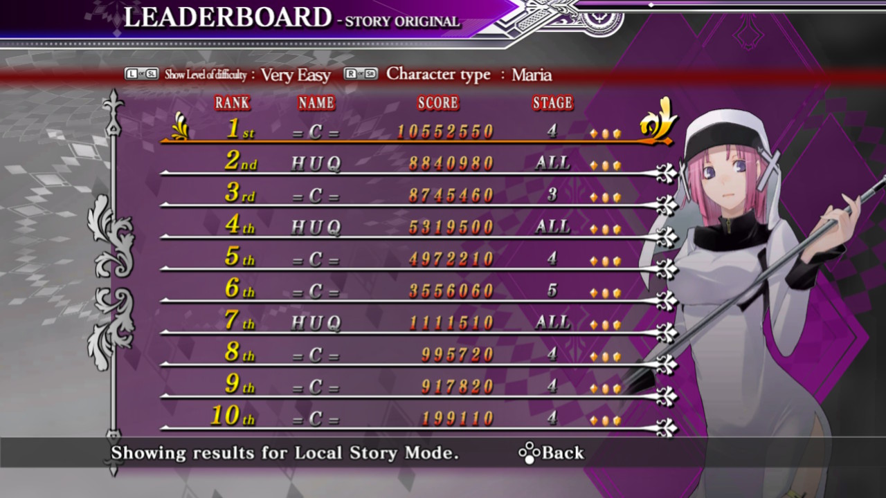 Screenshot: Caladrius Blaze local leaderboards of Story Original mode on Very Easy difficulty with character Maria showing HUQ at 2nd place with a score of 8 840 980